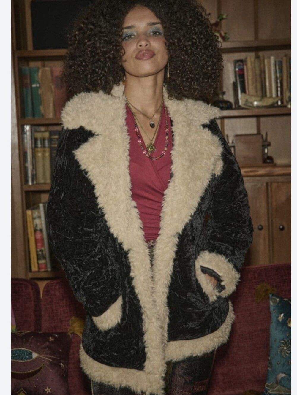 Black Retro Velvet Faux Fur Trim Coat Jacket Whimsigoth Hippie Bohemian Goth XXL